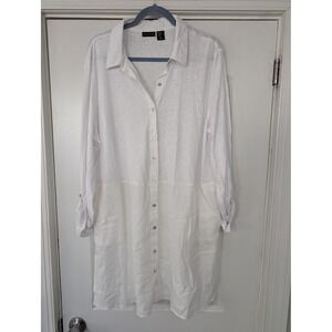 Tahari Womens White Linen Blend Button Down Long Sleeve Shirt Dress XL tunic